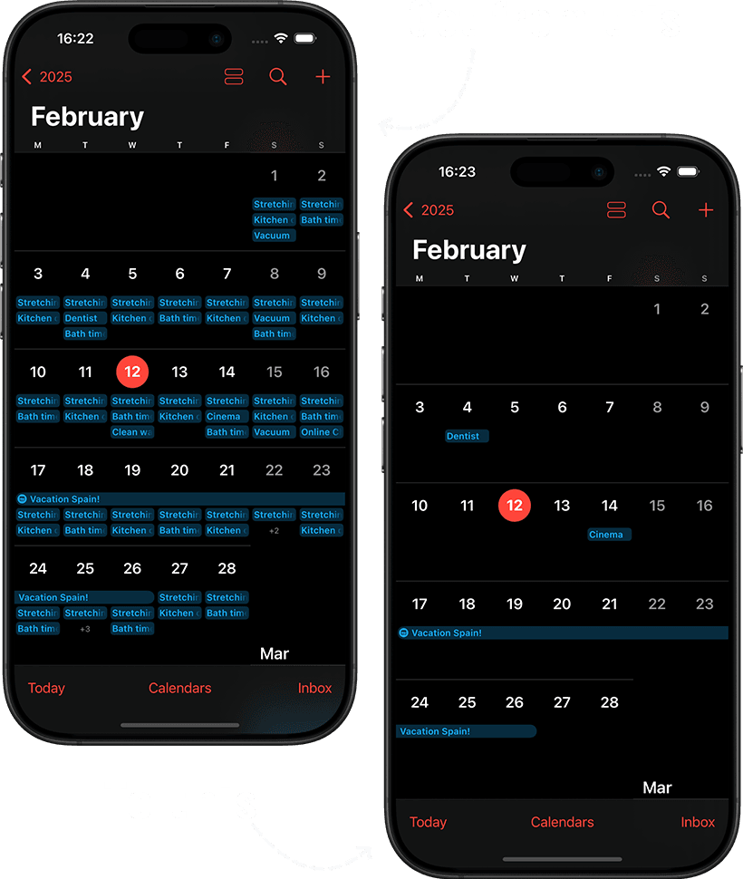 Two phones showing a full calendar and an empty one